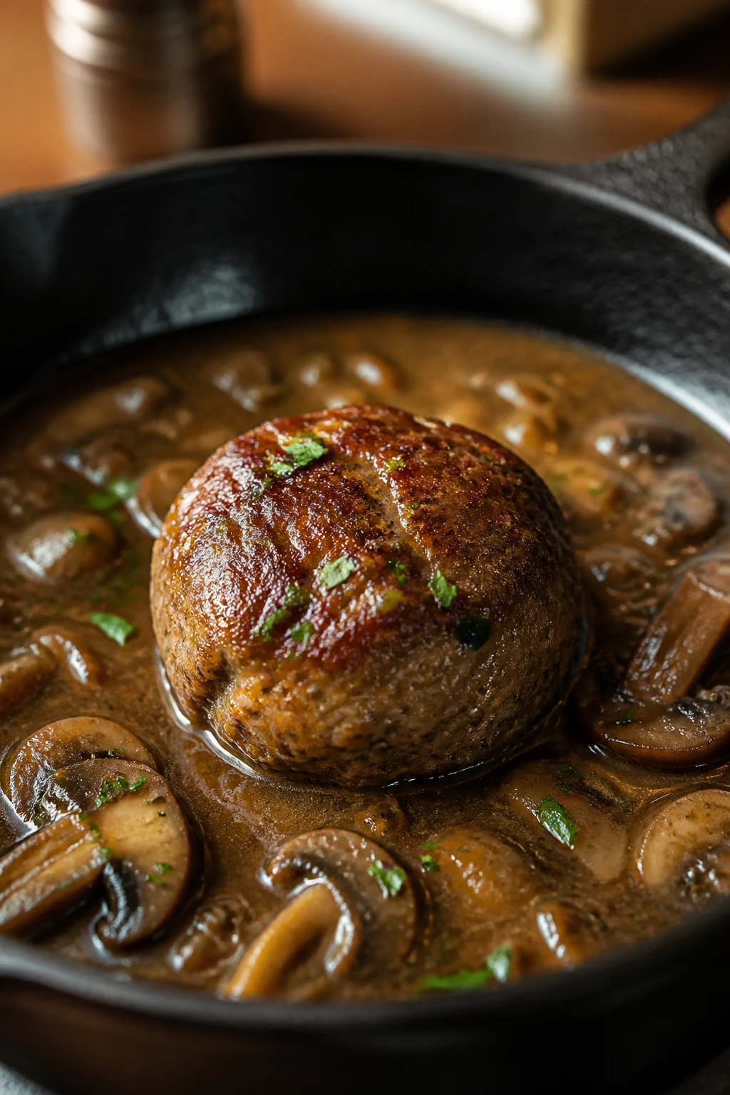 Close-up Salisbury meatball in gravy with mushrooms in a skillet
