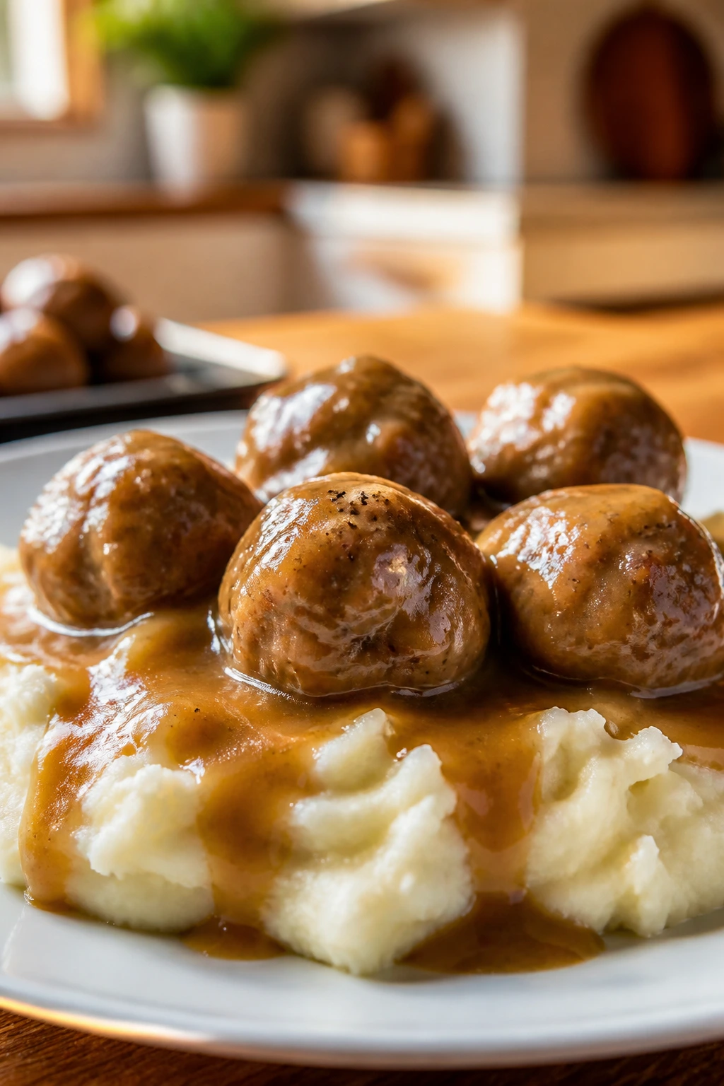 Close-up of Salisbury Steak Meatballs with Mashed Potatoes in brown gravy on a plate