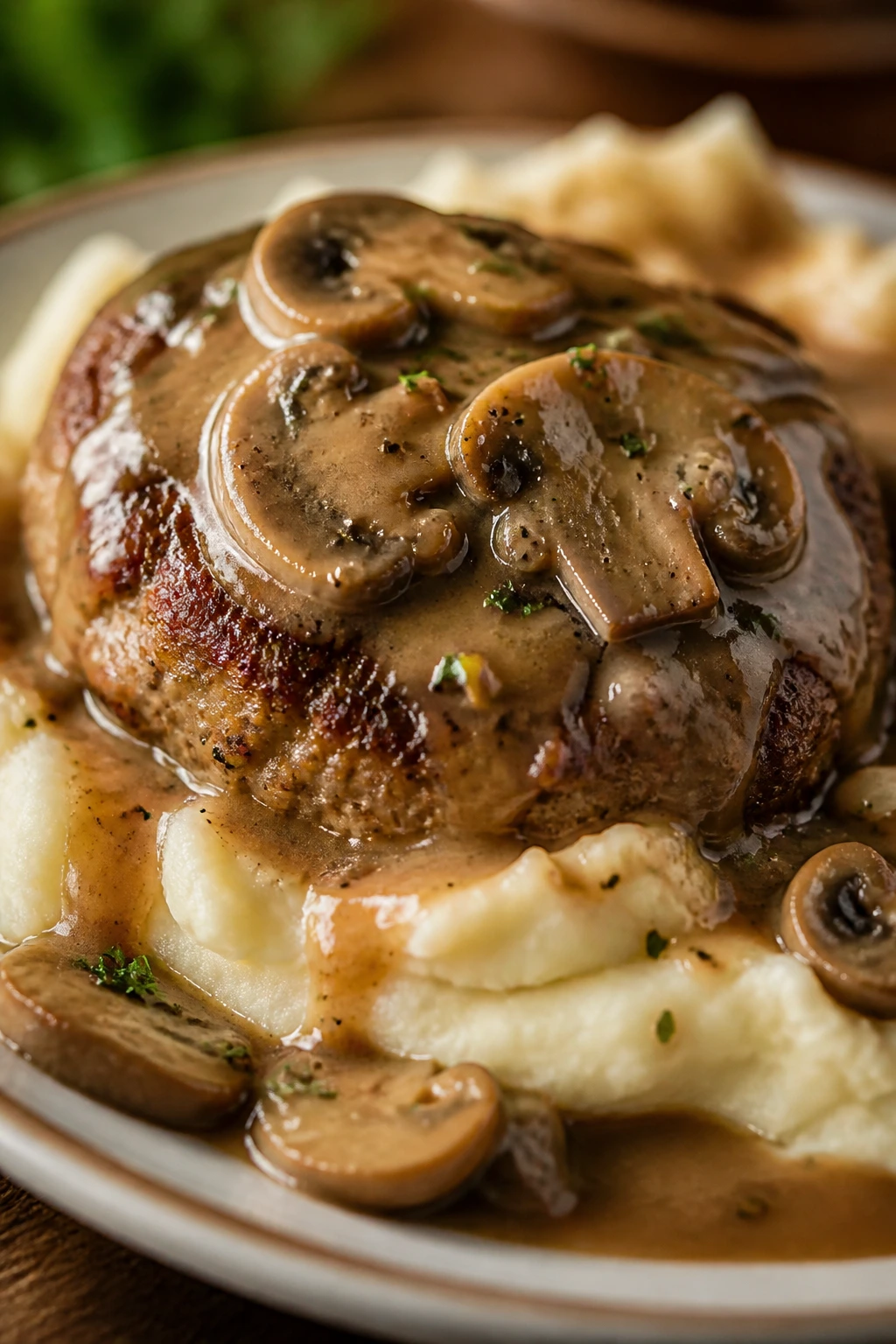 Close-up of Salisbury steak topped with mushroom gravy on mashed potatoes