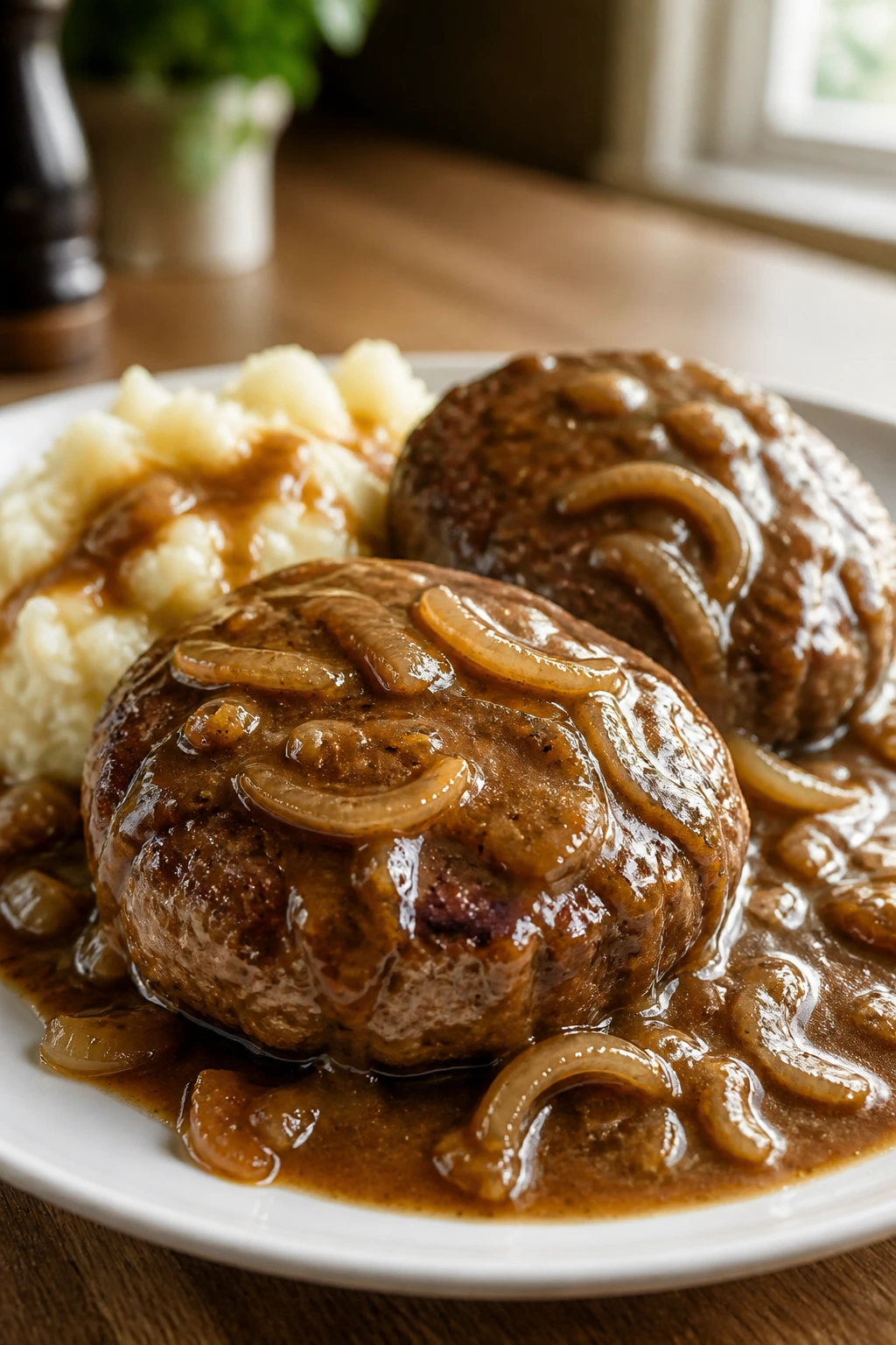 Salisbury steak with onion gravy on a plate