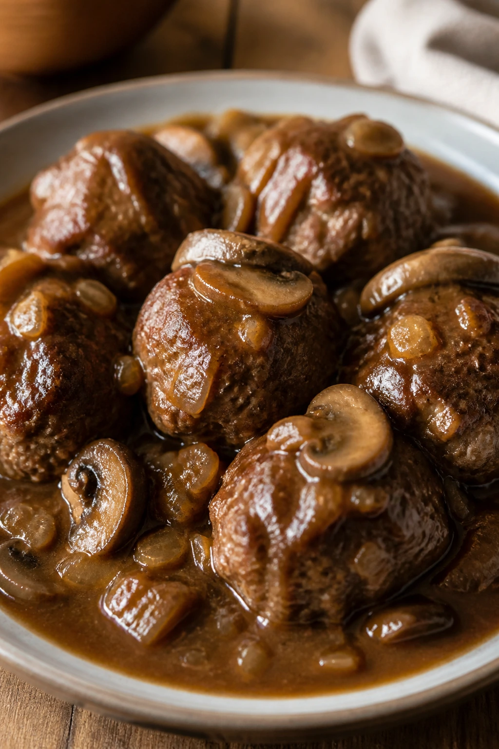 Salisbury steak meatballs in gravy with mushrooms and onions