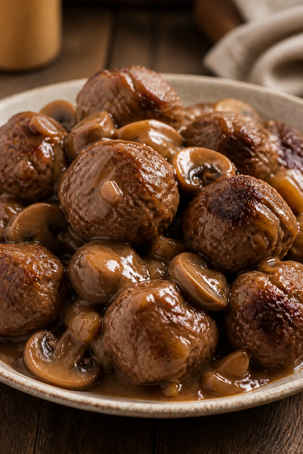 Beef meatballs in onion gravy with mushrooms on a plate