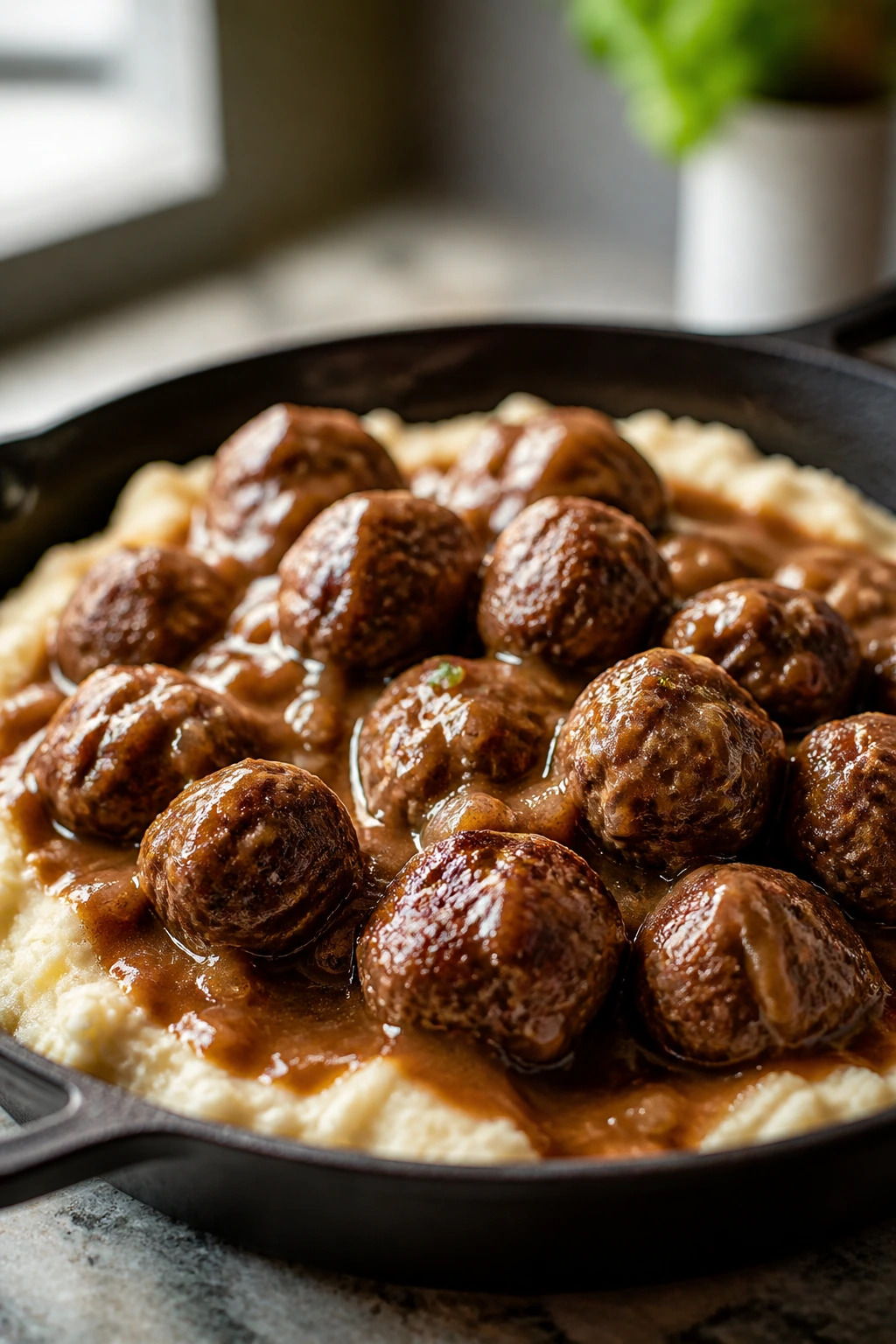 Close-up of Salisbury steak meatballs in gravy