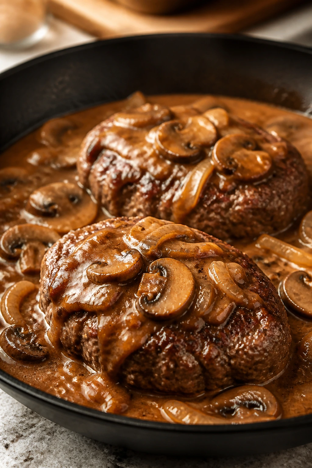 Close-up of Salisbury steak patties in mushroom gravy.