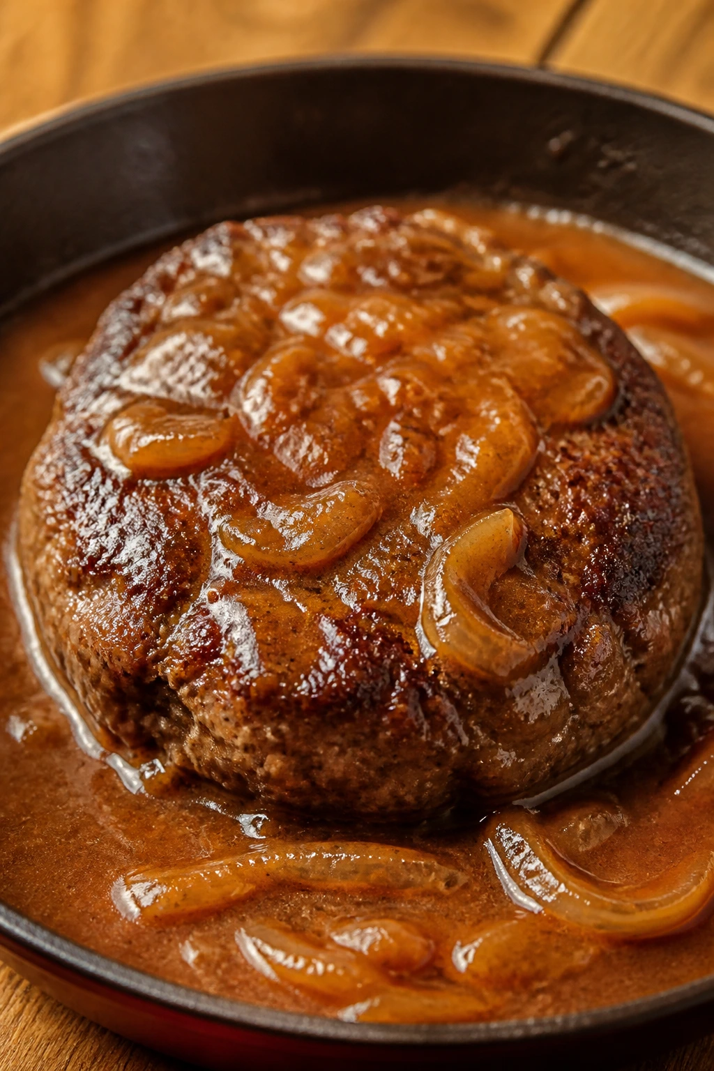 Thick Salisbury steak with onion gravy on a plate in a cozy kitchen