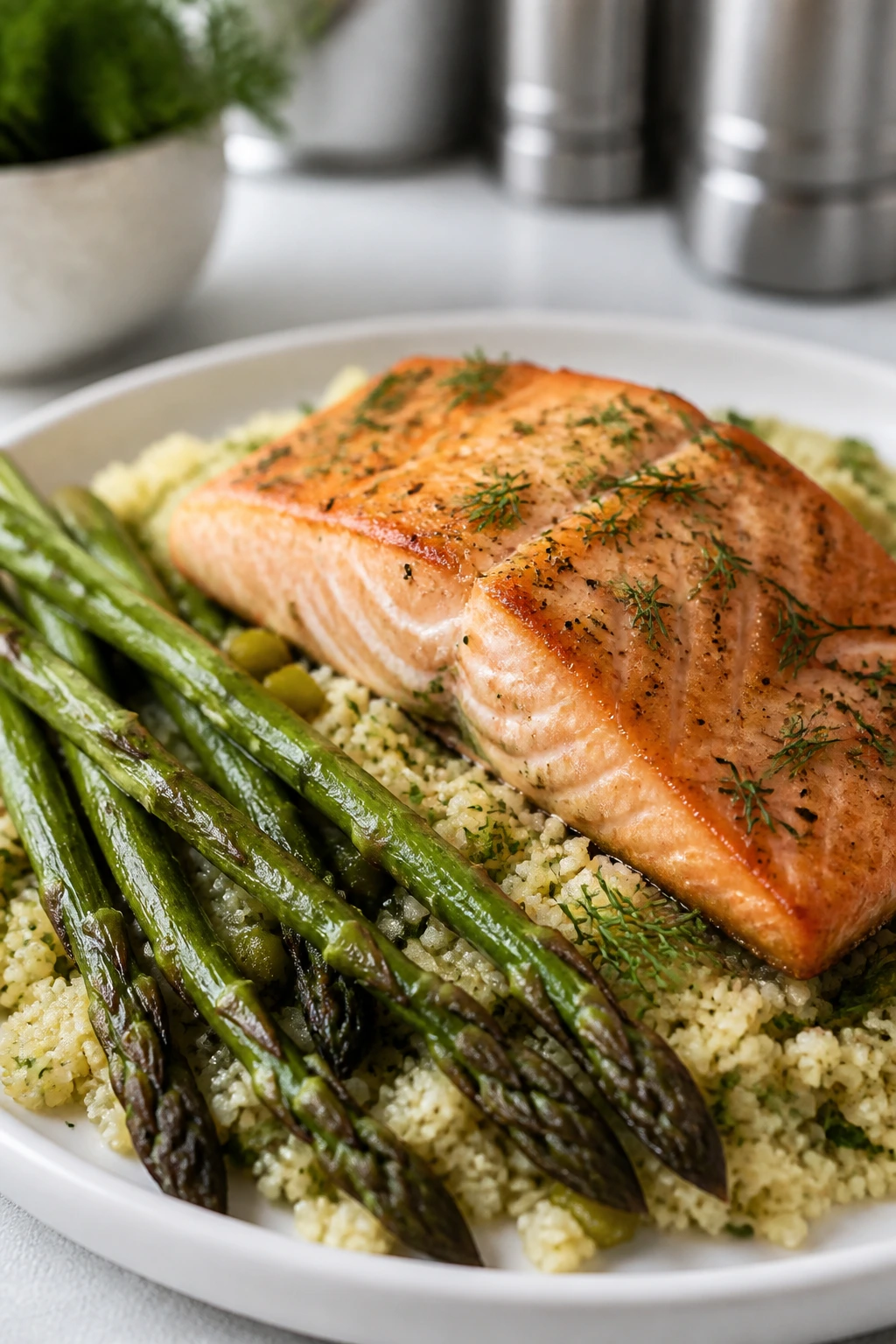 Close-up of salmon asparagus dill couscous on a plate