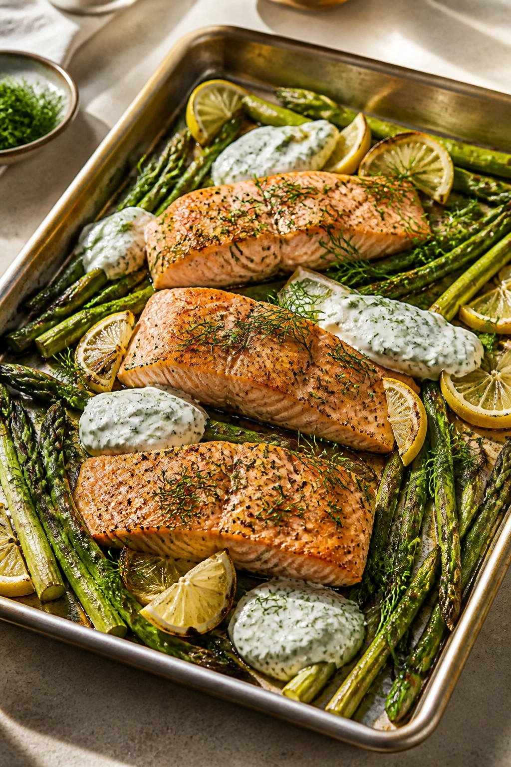 Close-up sheet-pan salmon with asparagus and dill yogurt