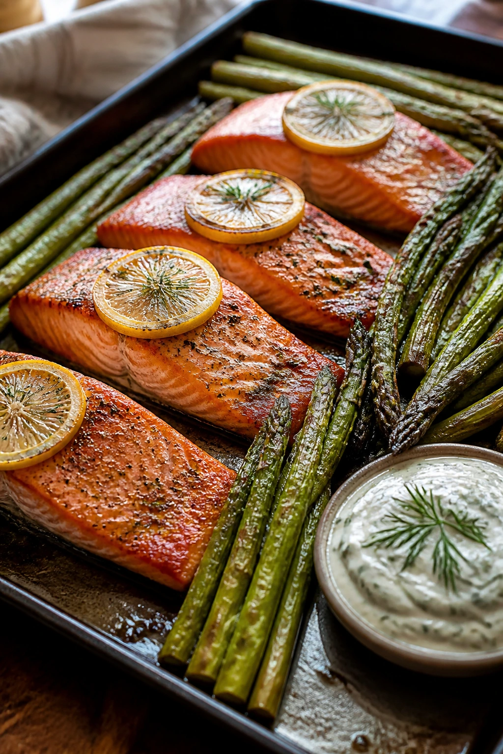 Sheet pan with salmon and asparagus and dill yogurt hints