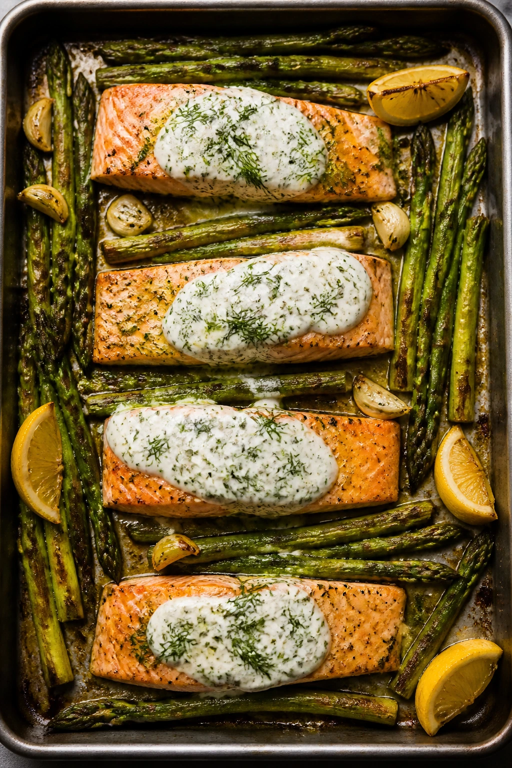 Sheet-pan salmon with asparagus and dill yogurt close-up