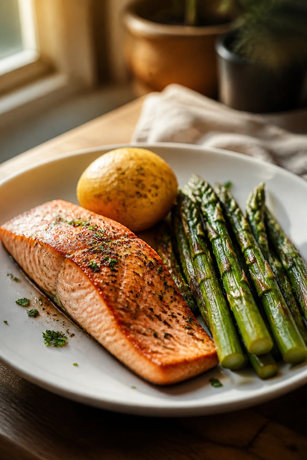 Close-up of plated salmon dinner with potato and asparagus in a cozy kitchen