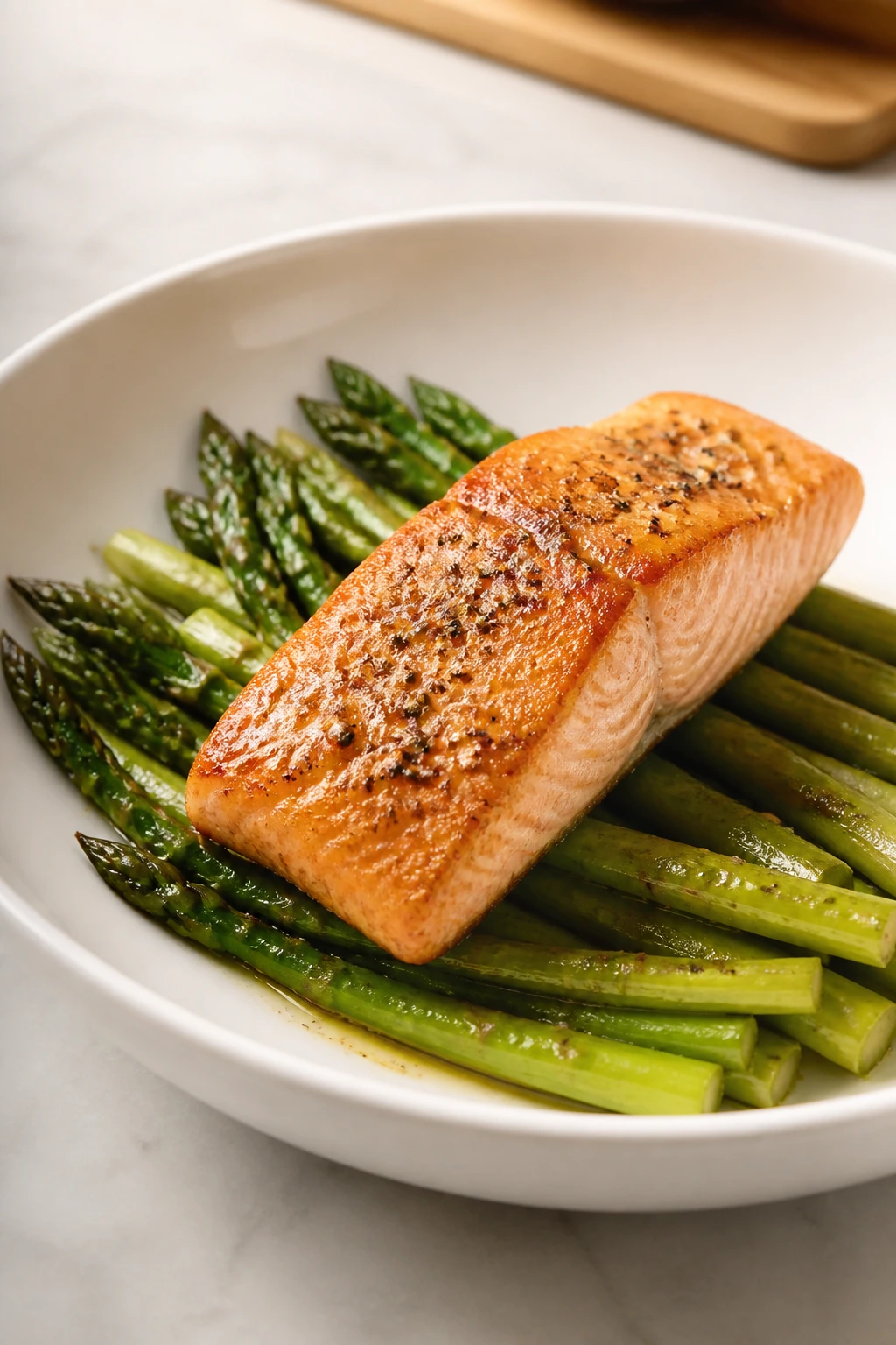 Plated salmon with asparagus in a wide shallow bowl.