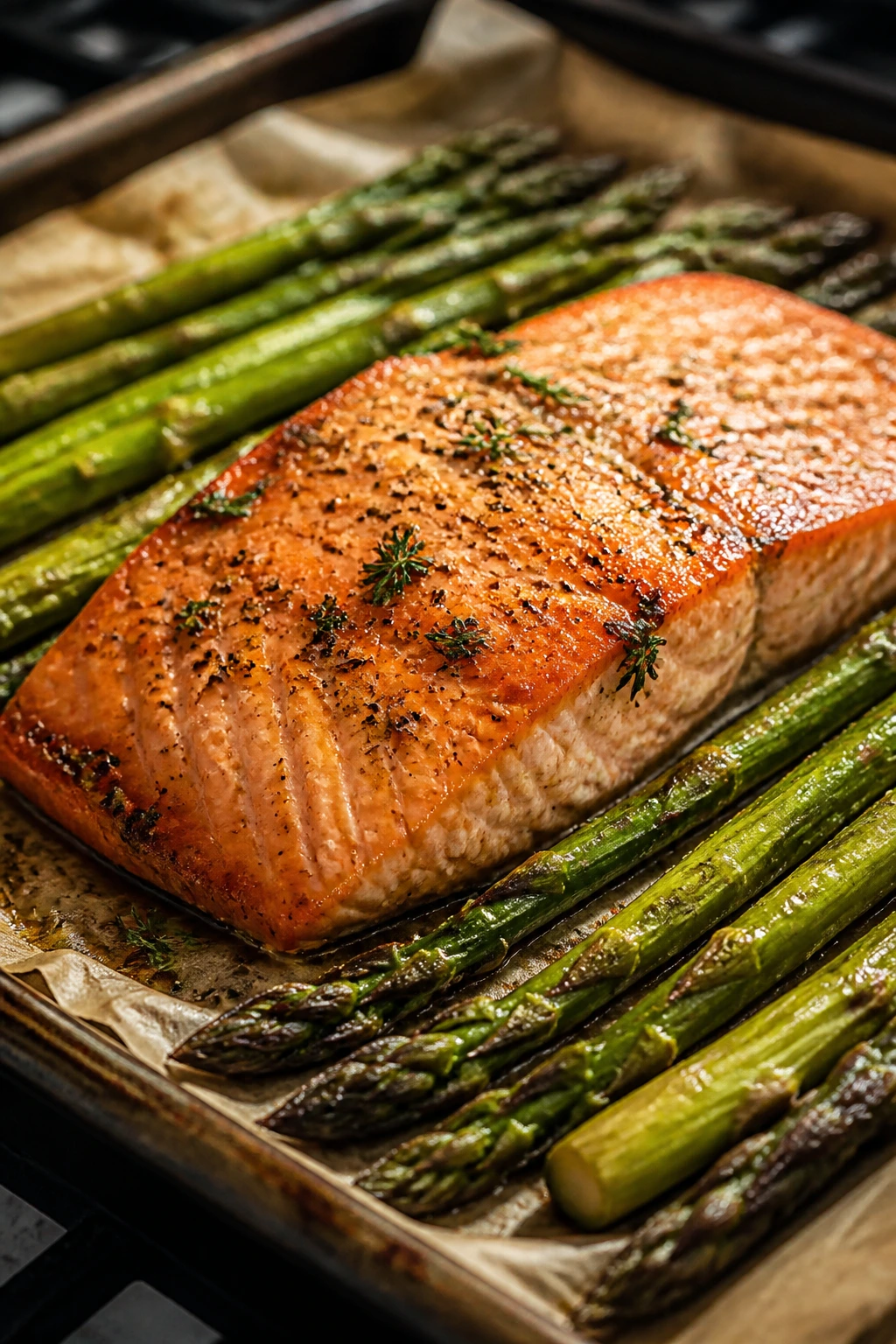 Salmon and asparagus sheet pan dinner on a sheet pan