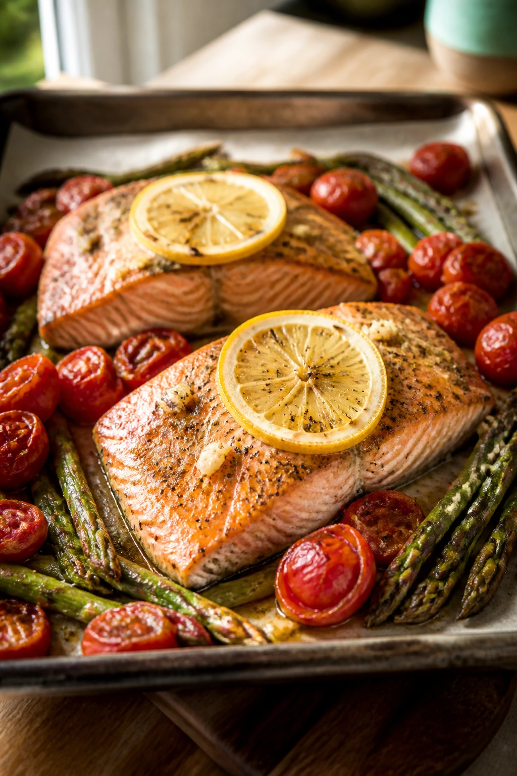 Salmon with asparagus and tomatoes on baking sheet