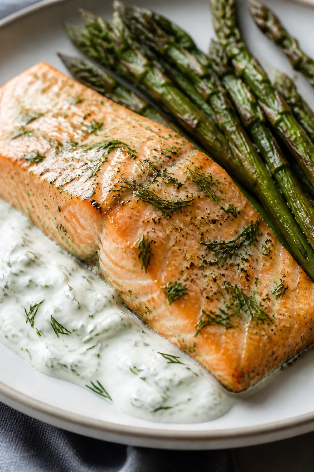 Close-up Dijon dill salmon with asparagus and dill-yogurt sauce on plate.