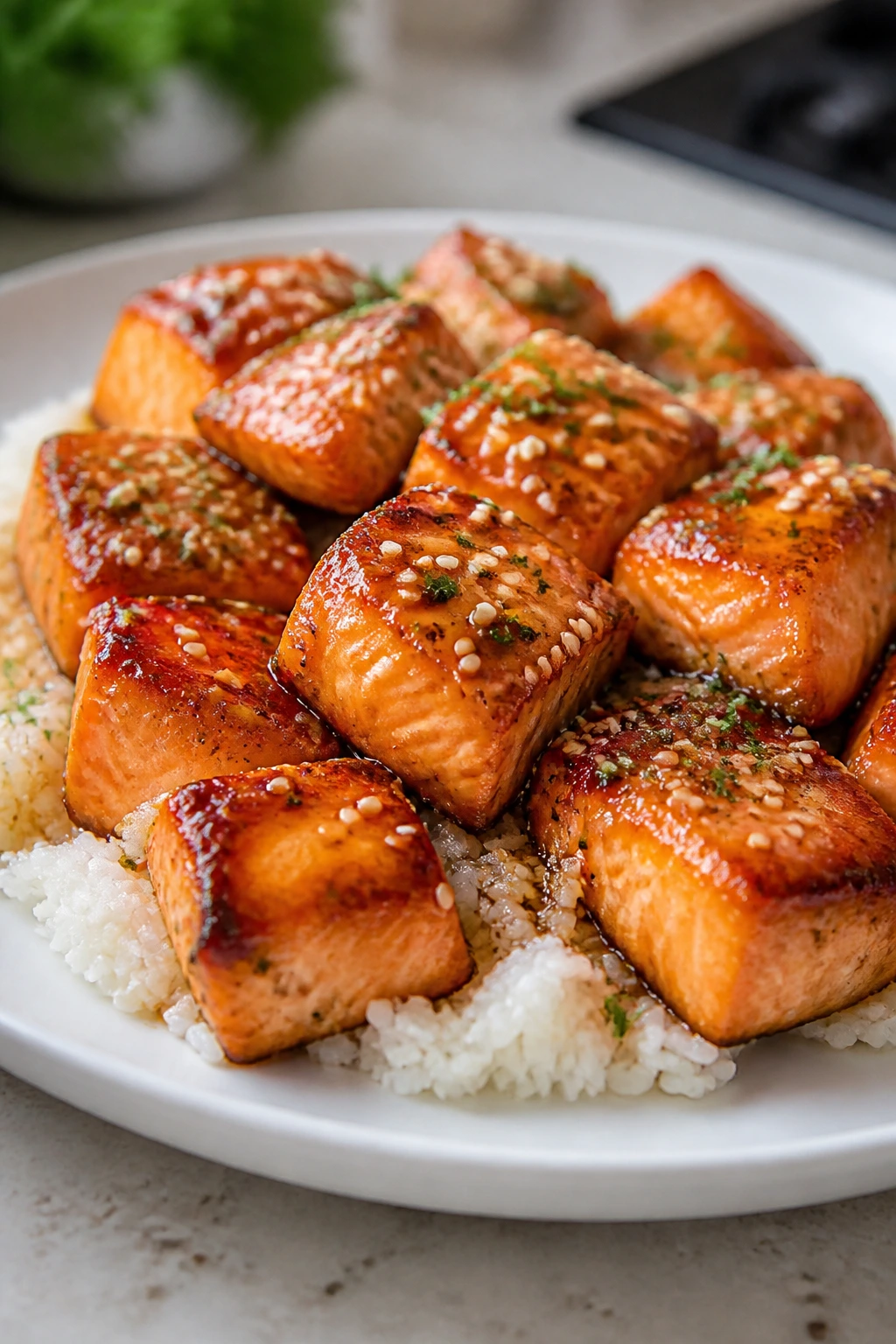 Glazed salmon bites on a plate with sesame seeds