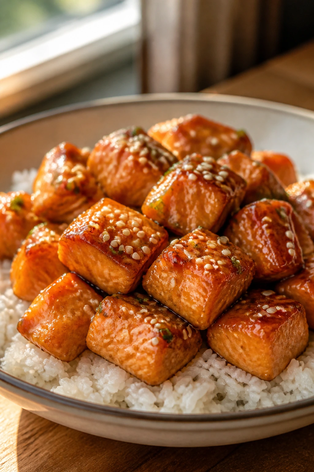 Close-up of honey garlic salmon bites on rice
