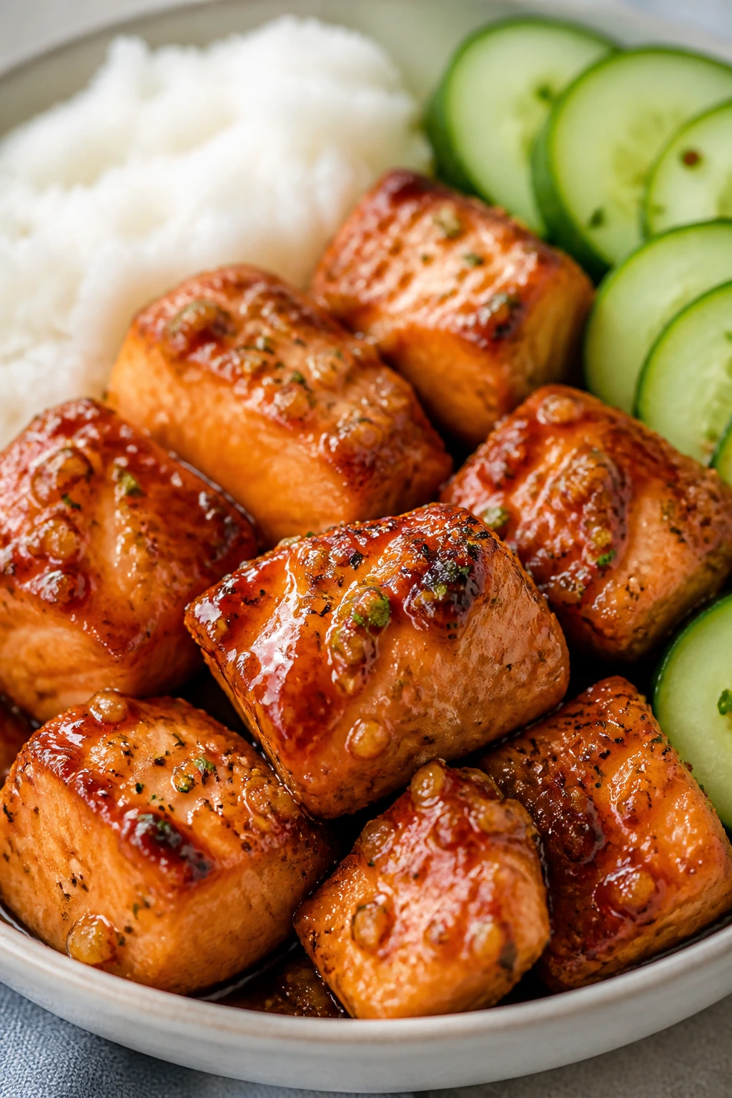 Salmon bites with rice and cucumber on a plate, glossy glaze