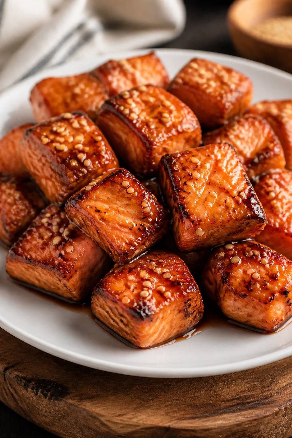 Close-up of teriyaki-glazed salmon bites with sesame seeds on a plate