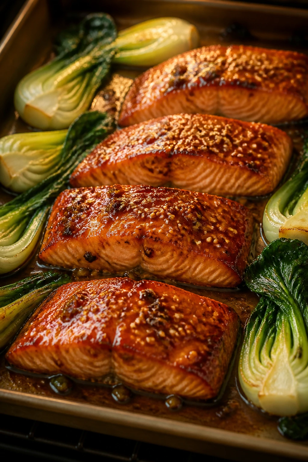 Close-up of sesame-glazed salmon with baby bok choy on a sheet pan