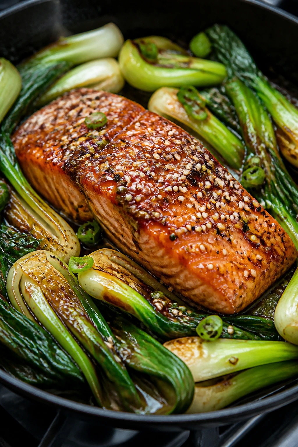 Close-up of sesame-glazed salmon with bok choy