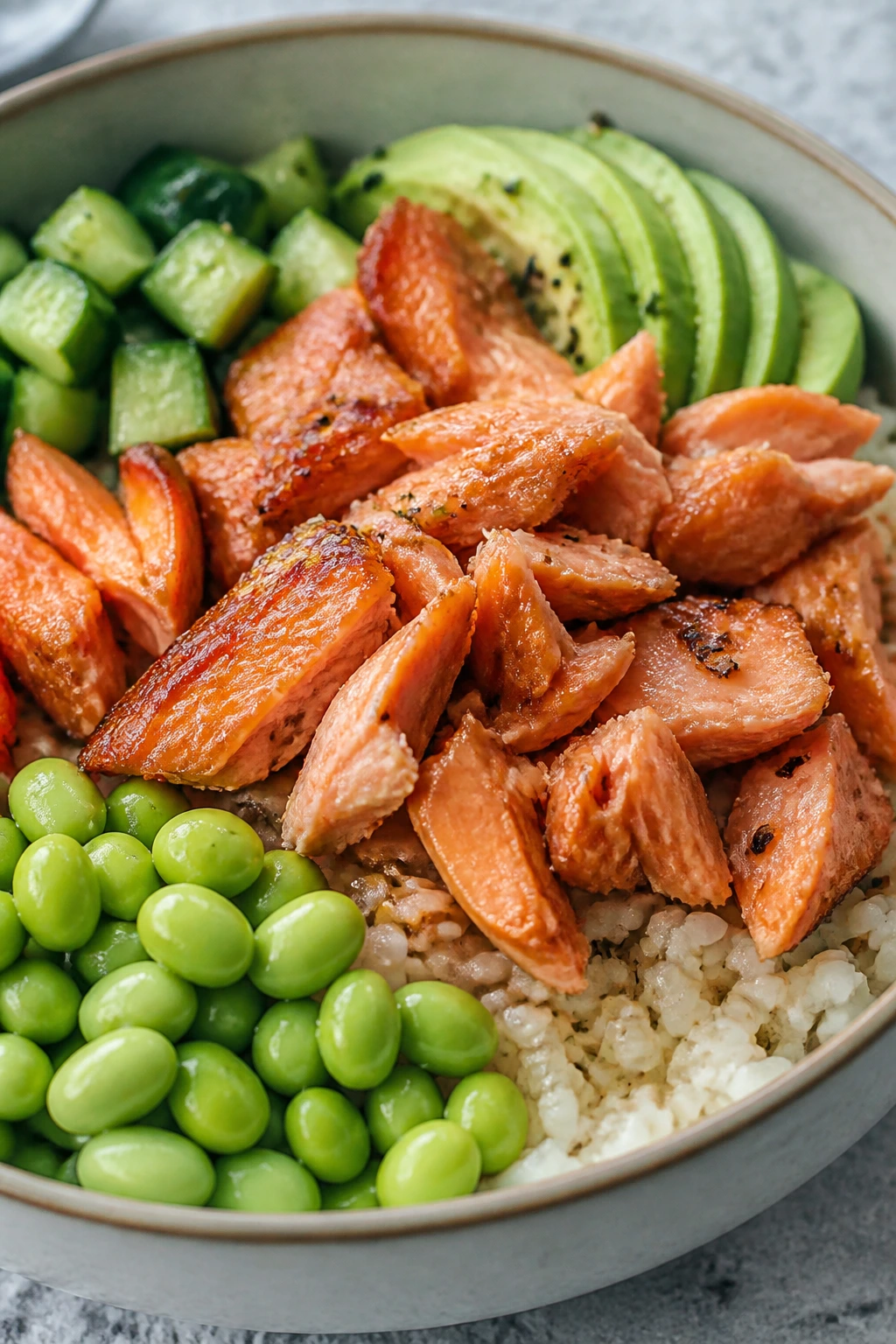 Salmon rice bowl with cucumber and avocado