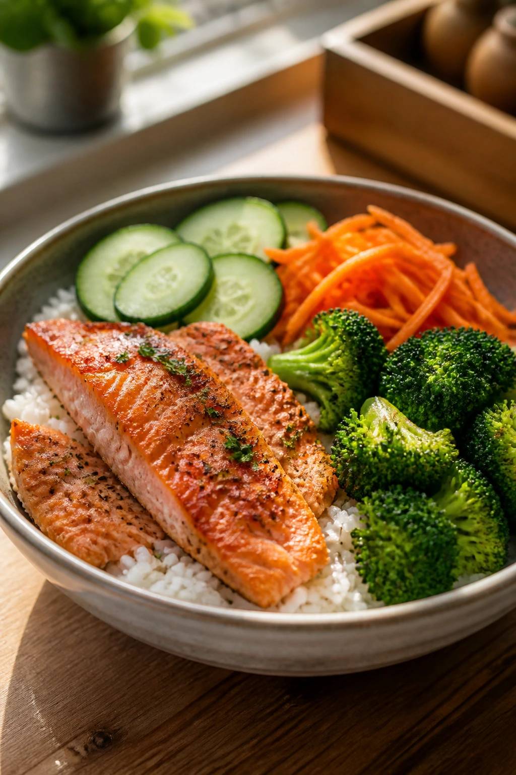Close-up of a salmon rice bowl with broccoli, cucumber, and carrot garnish in a kitchen setting