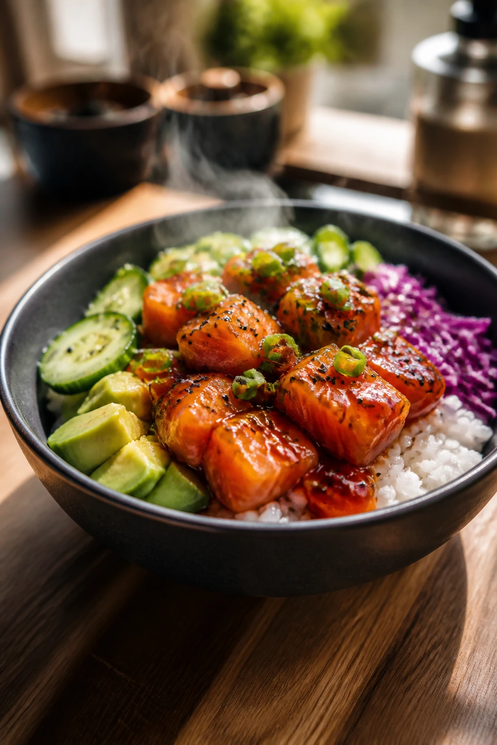 Steaming salmon bowl on wooden counter showing readiness to serve