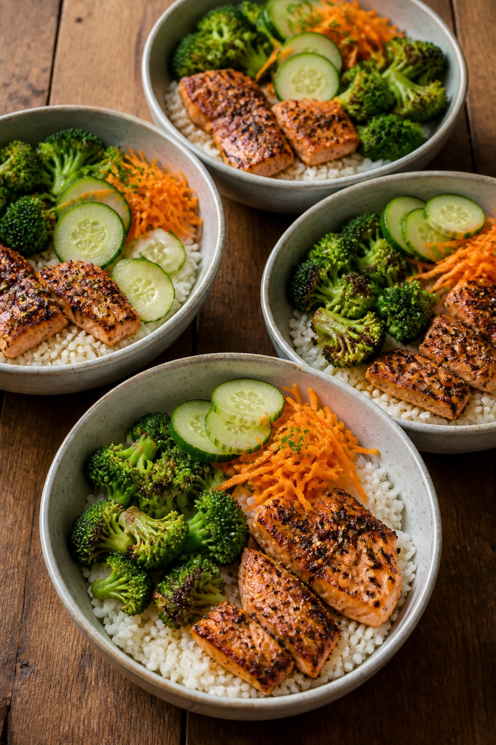 Close-up of four bowls of salmon and broccoli over rice, garnished with cucumber and carrot on a wooden counter