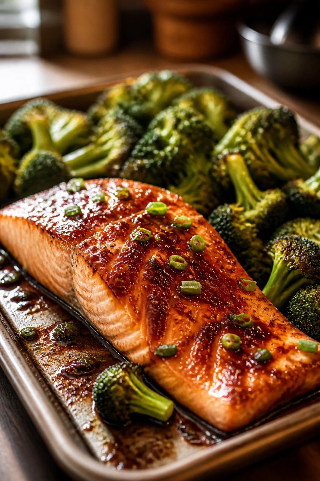 Glazed salmon fillet with roasted broccoli on a sheet pan