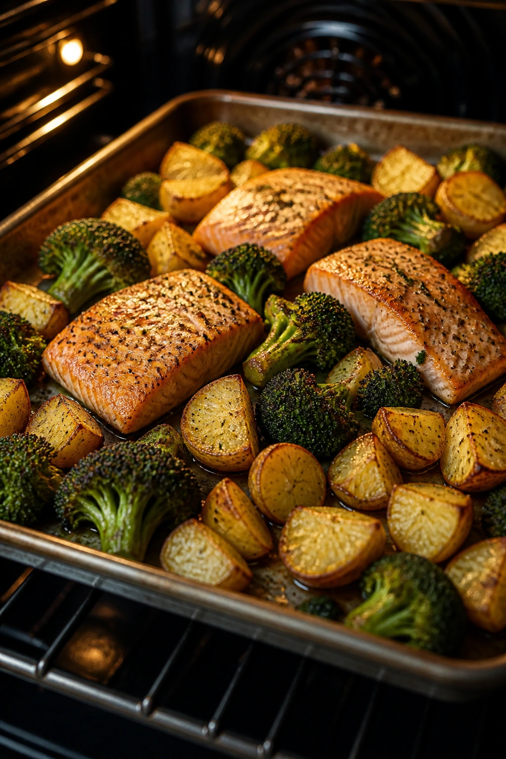 Sheet-pan dinner with salmon and vegetables browning nicely.