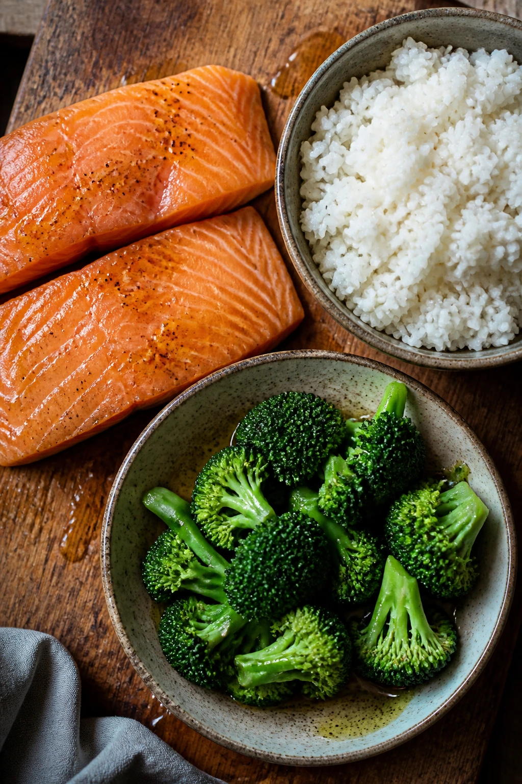 Overhead still life showing salmon, rice, and broccoli as key ingredients