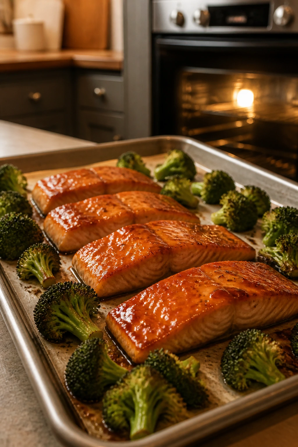Sheet pan with glazed salmon and broccoli ready to roast