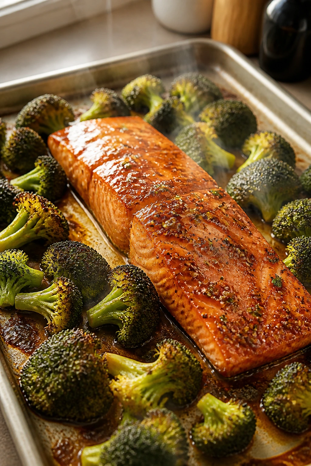 Moist glazed salmon with broccoli on sheet pan, weeknight dinner