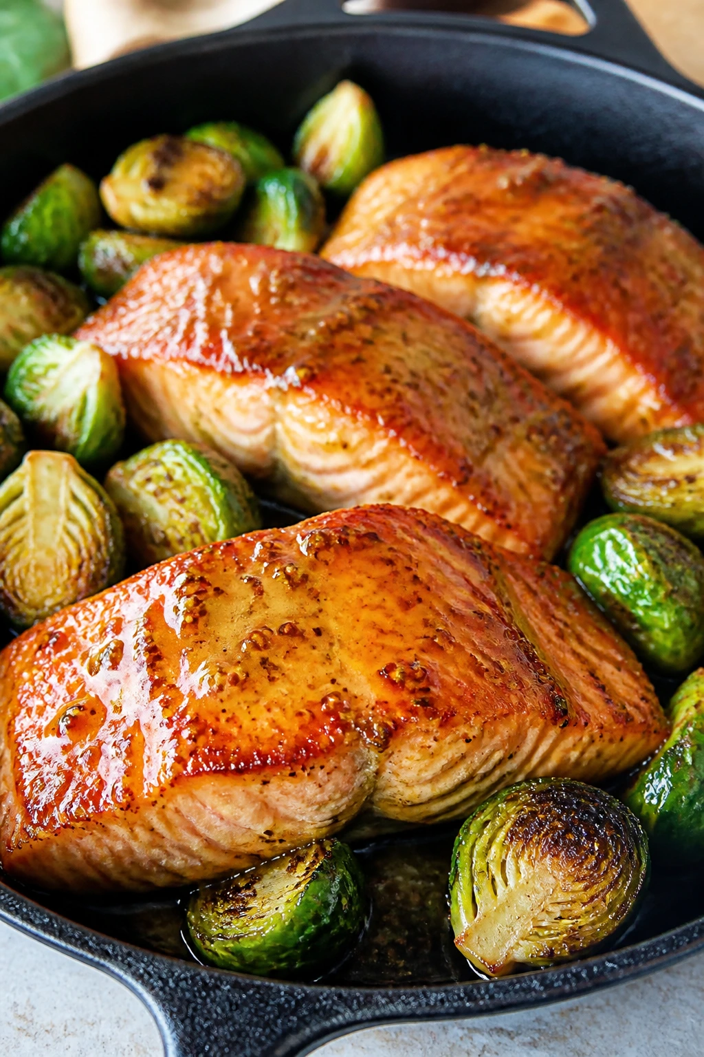 Salmon fillets with Brussels sprouts in a cast-iron skillet, glazed with honey-mustard.