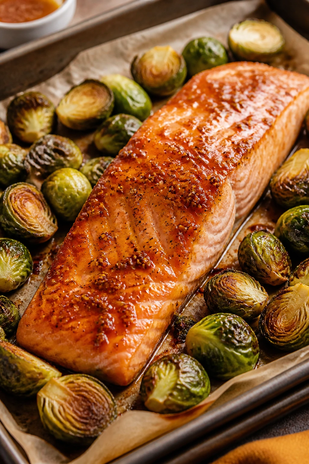 Close-up of maple-Dijon glazed salmon with roasted Brussels sprouts on a sheet pan in a warm kitchen