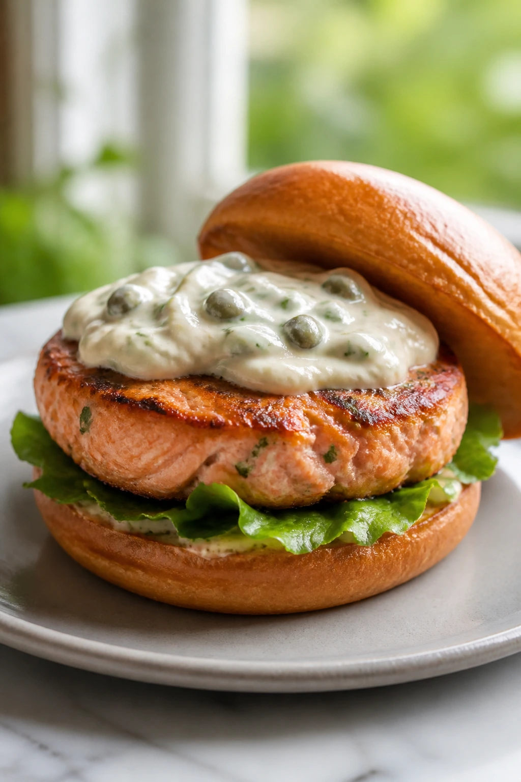 Salmon burger with caper mayo on bun