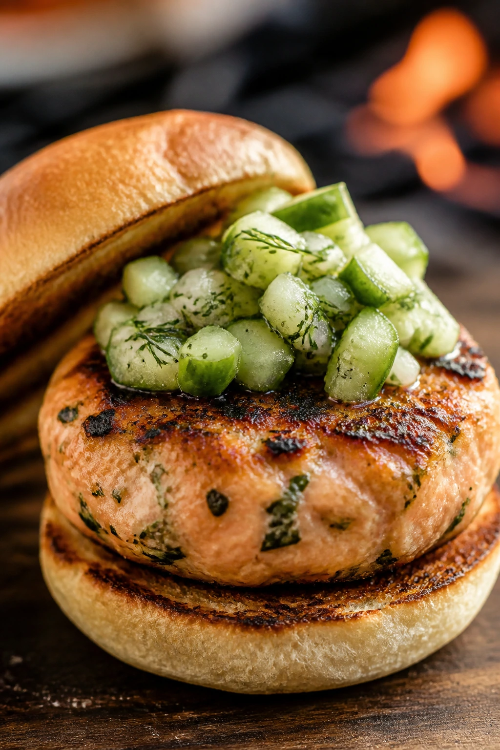 Close-up of salmon burger with cucumber-dill relish on a toasted bun.