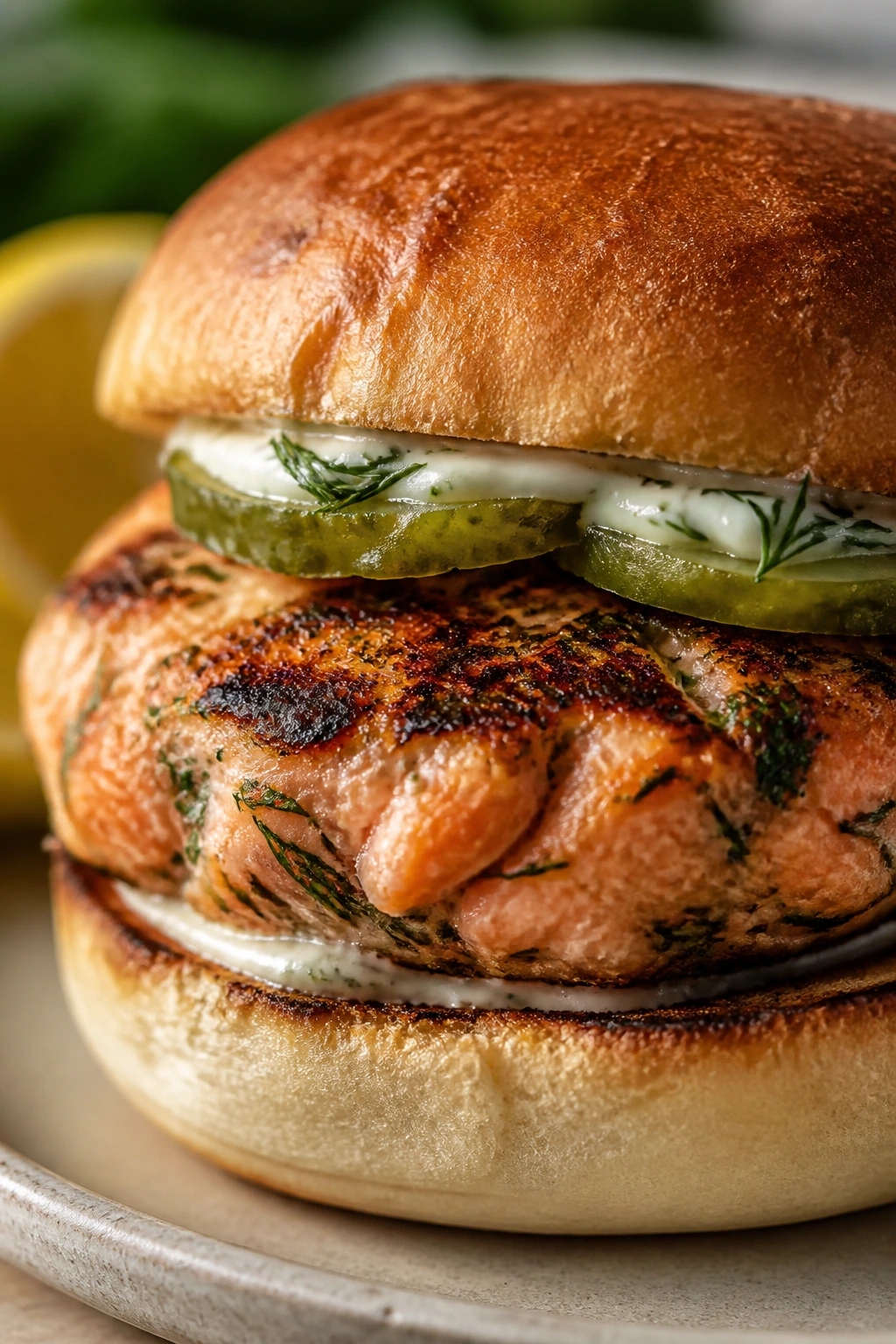 Close-up of salmon burger with dill pickle on bun