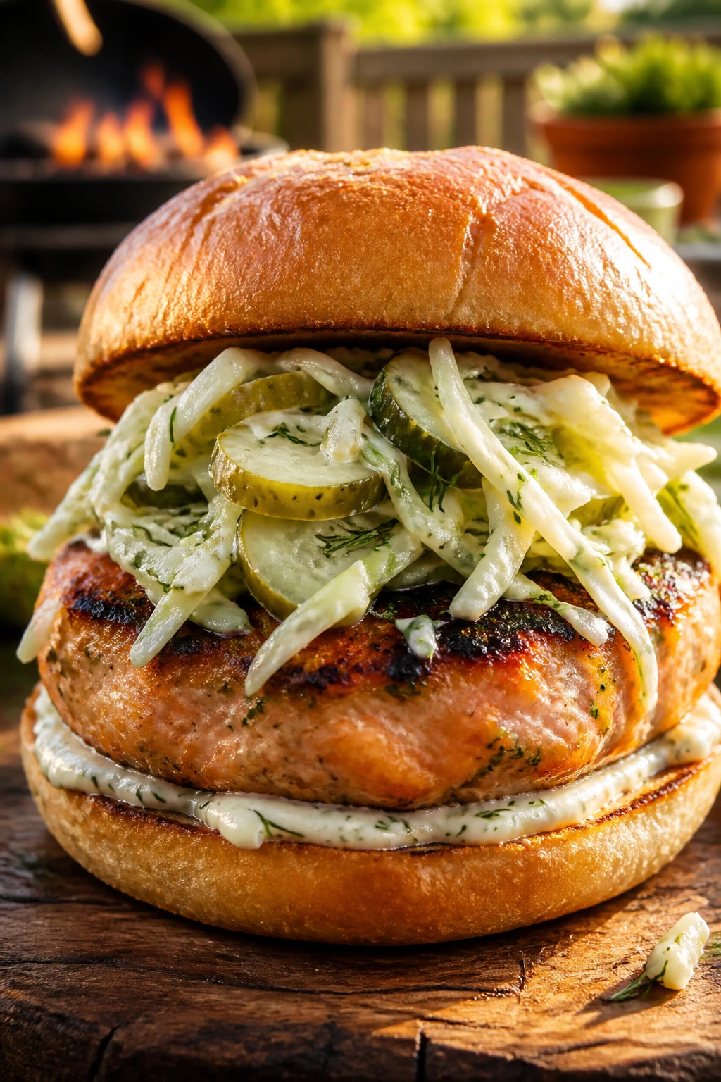 Close-up of a salmon burger with dill pickle slaw on bun, grilled outdoors