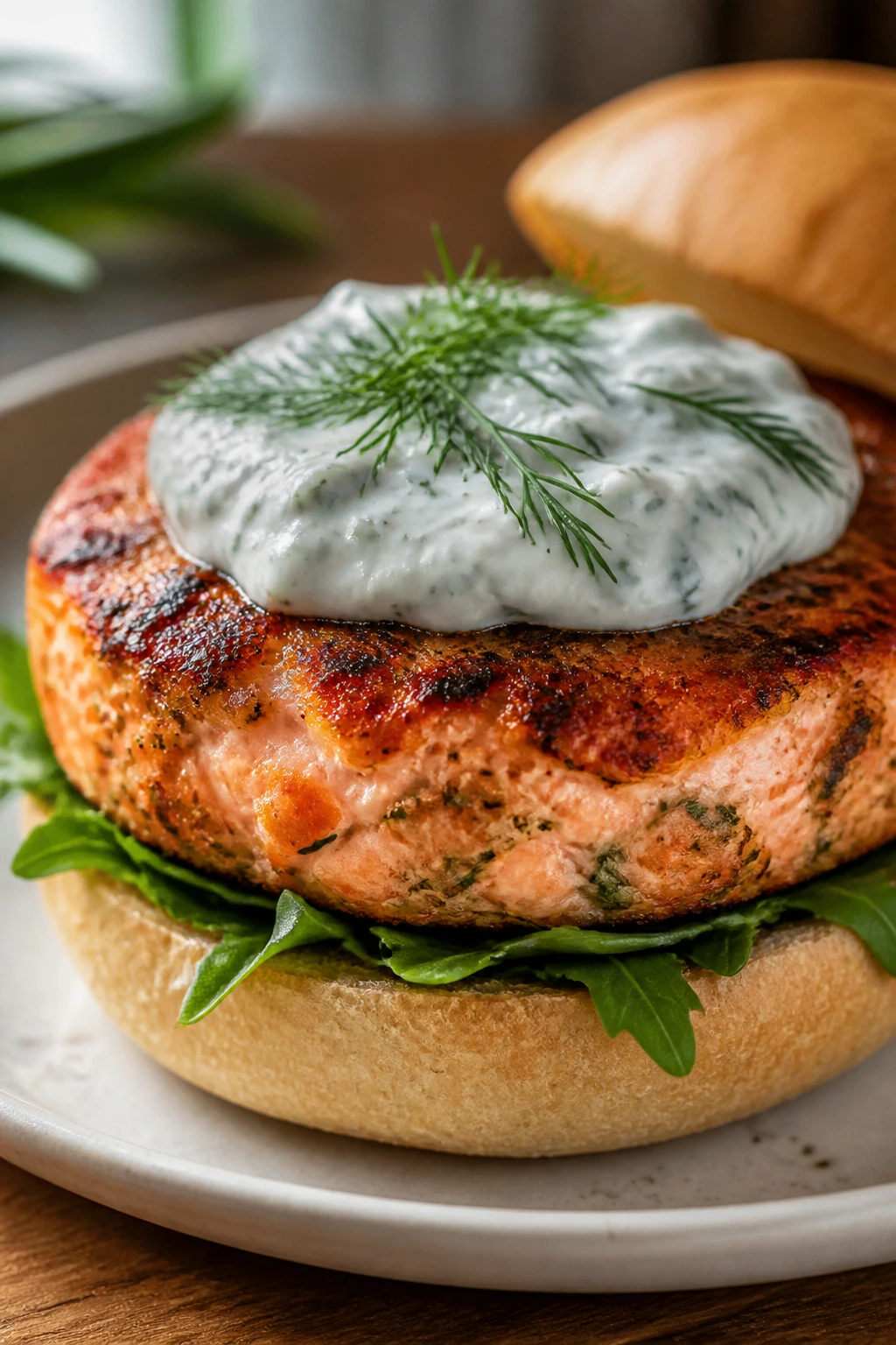 Close-up of salmon burger with dill yogurt sauce on a bun