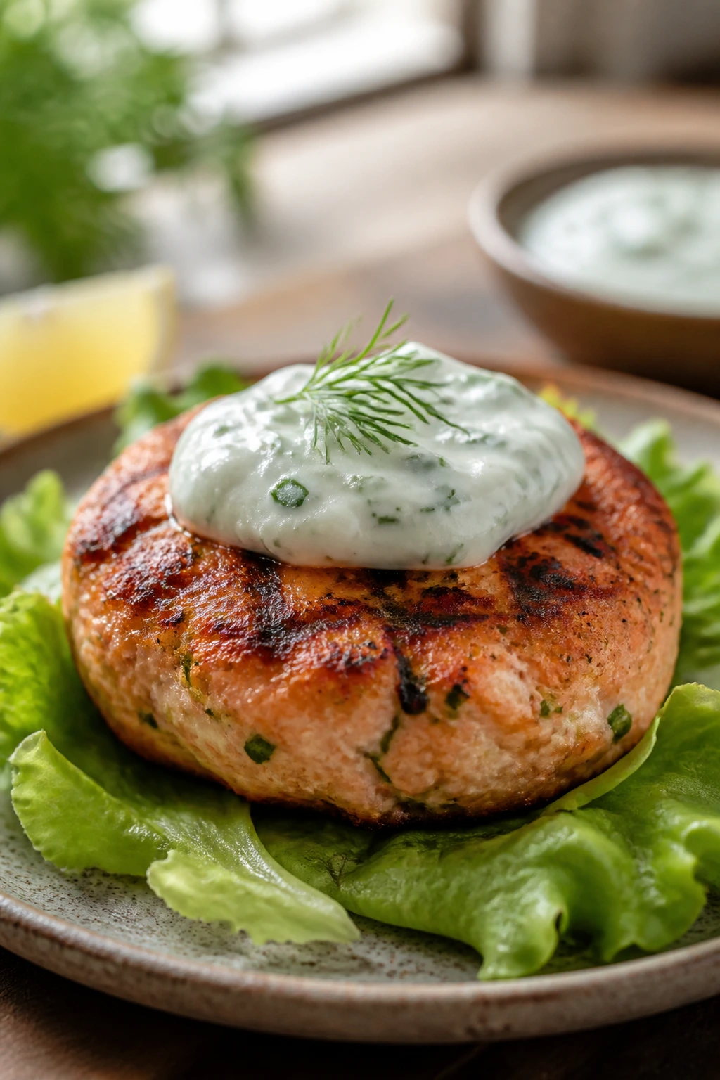 Close-up of a salmon burger with dill yogurt sauce on a rustic plate