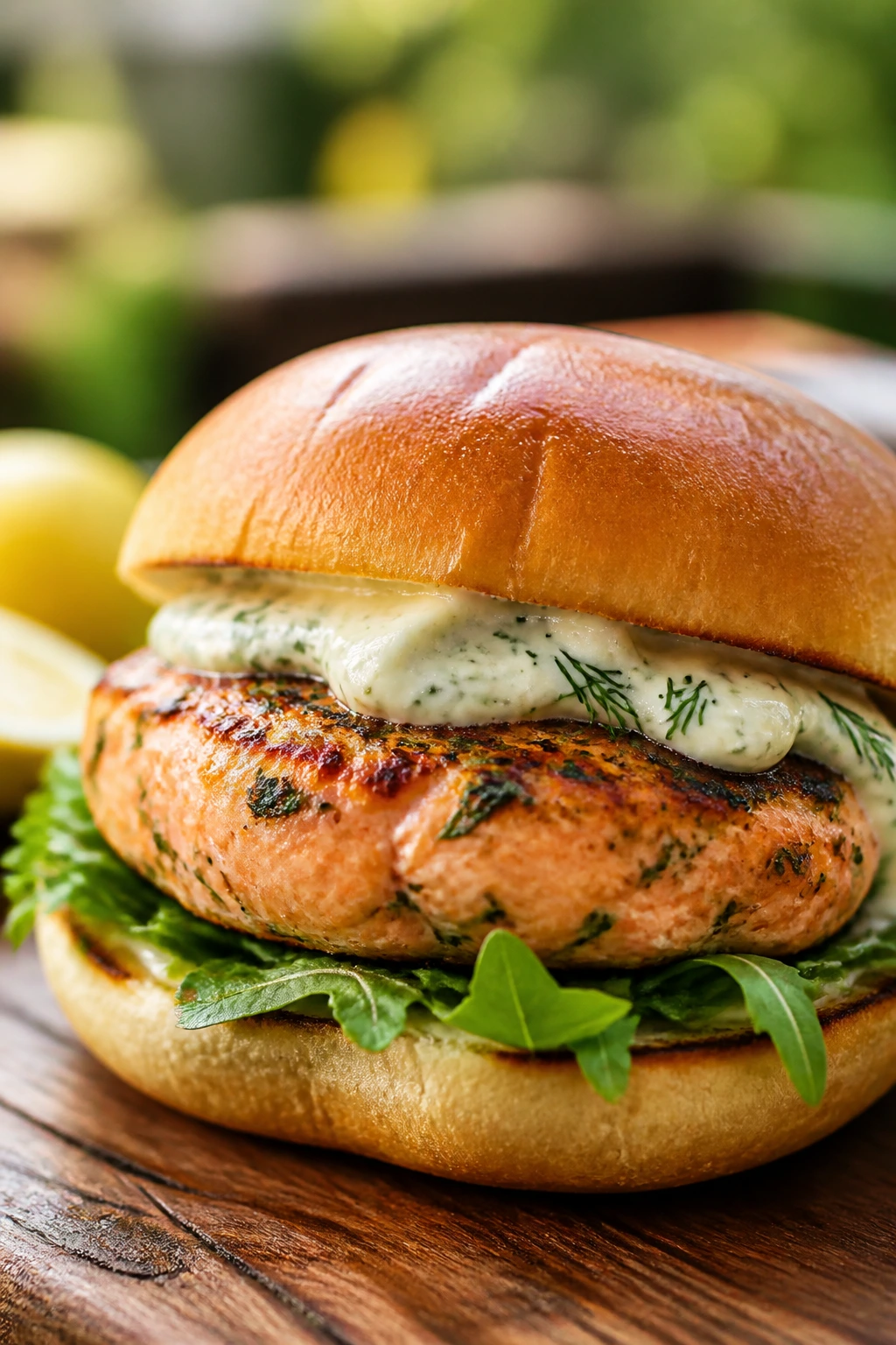 Close-up of lemon-herb salmon burger patty on a bun in a backyard setting.
