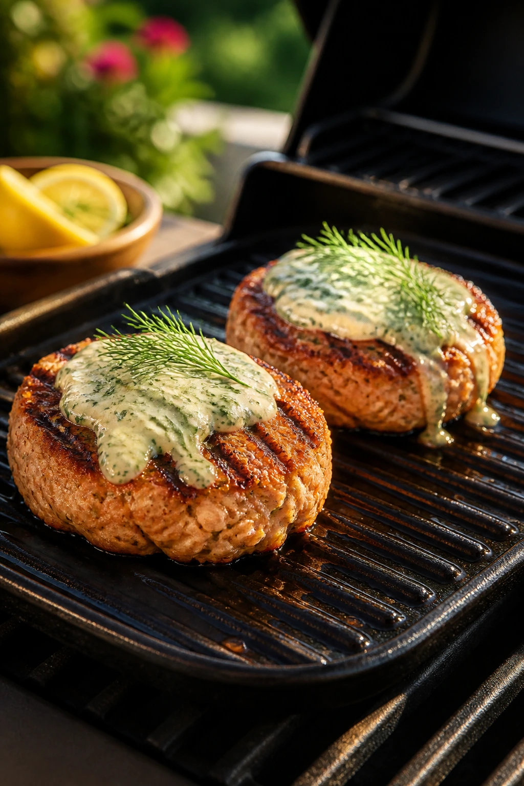 Close-up of salmon burgers on a grill with lemon aioli