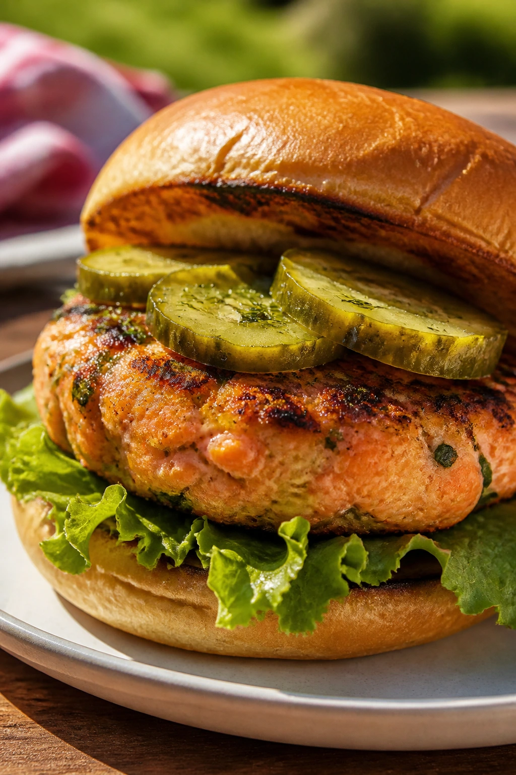 Close-up of a salmon burger with dill pickles outdoors