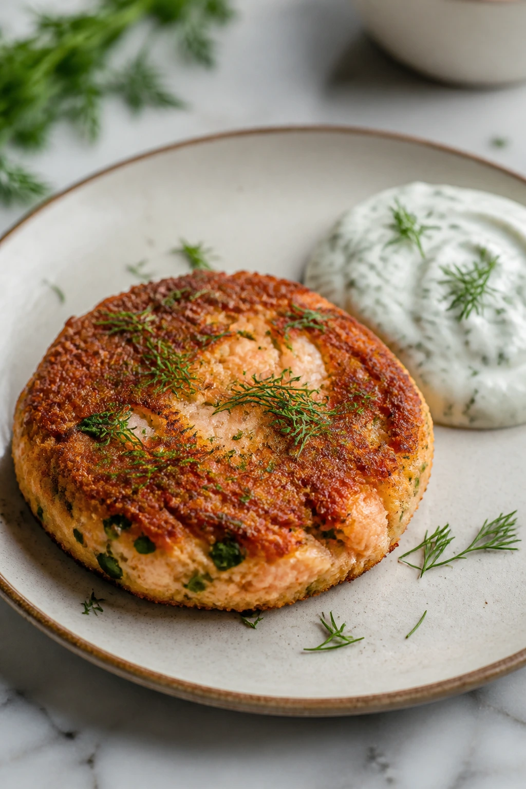 Crispy salmon cake with dill yogurt sauce on plate