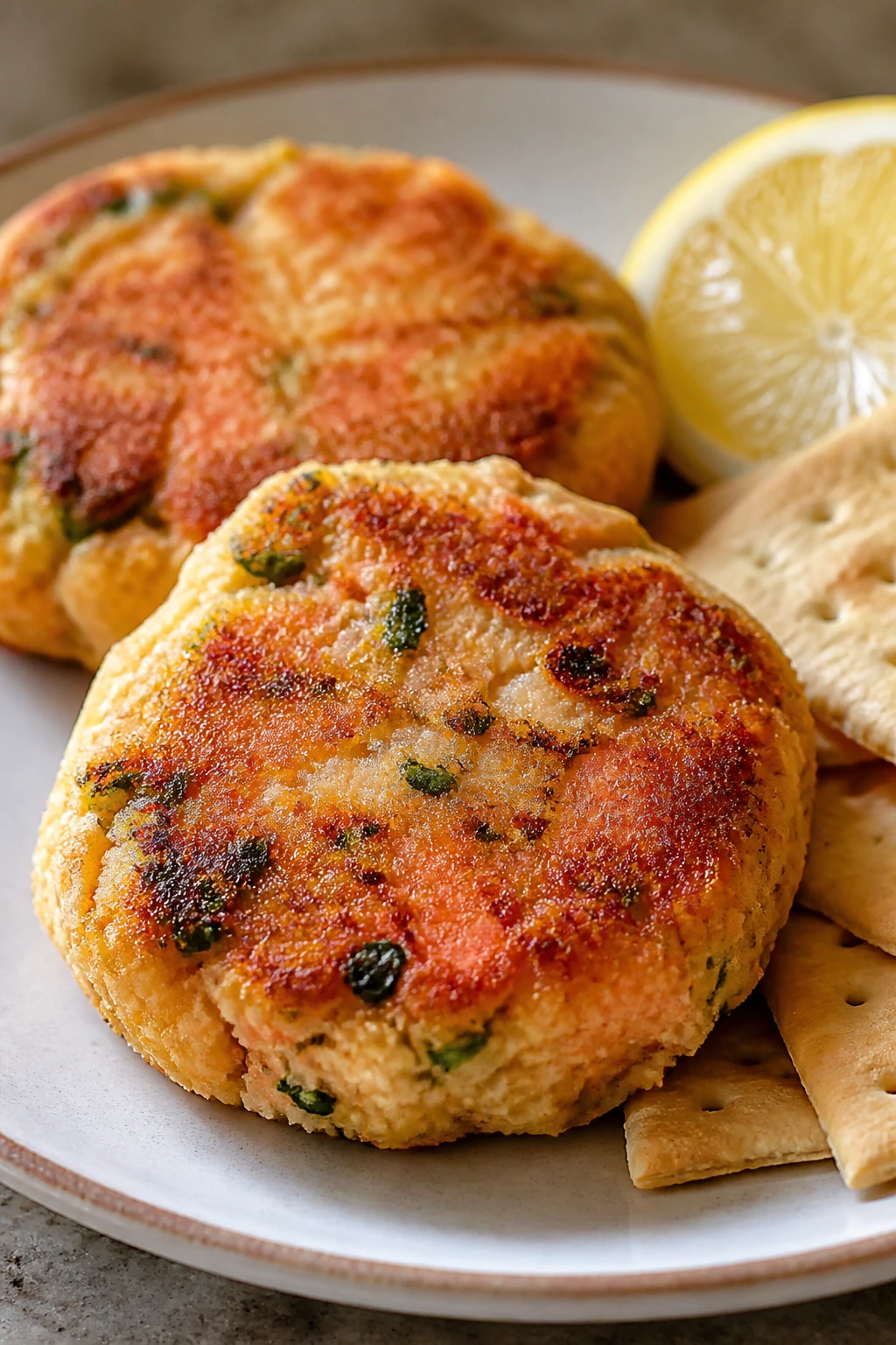 Golden salmon cakes with crackers and lemon wedge on a plate