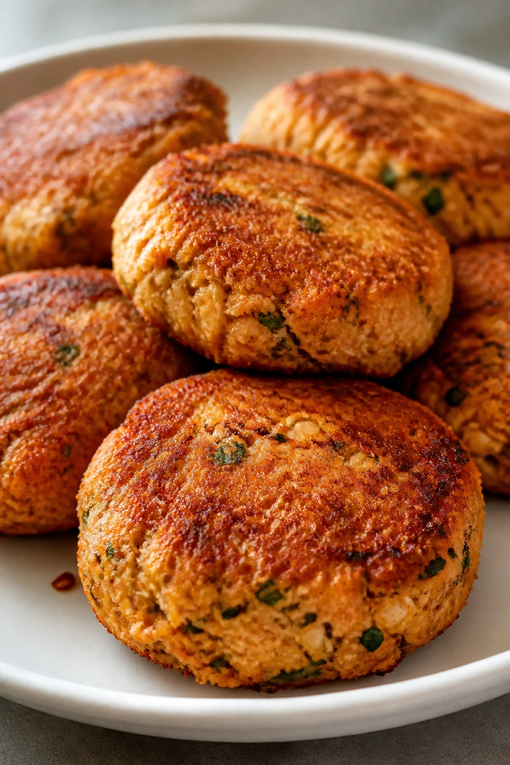 Plate of crispy salmon cakes in a kitchen setting