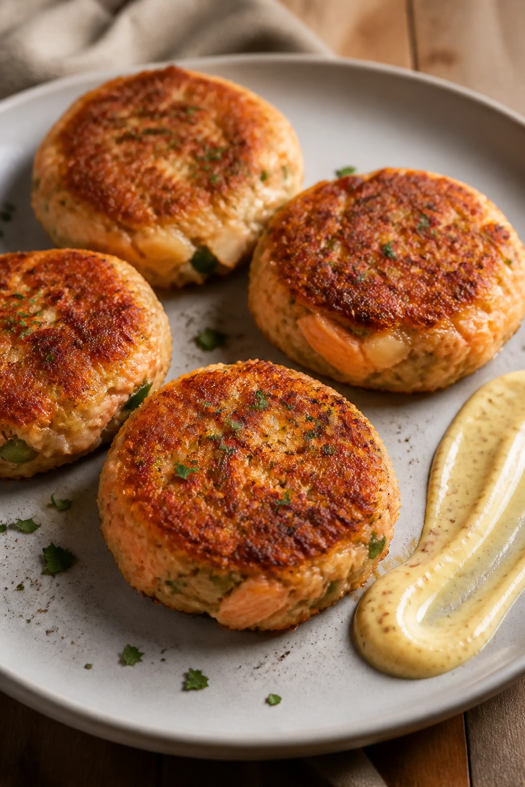 Four salmon cakes with Dijon mayo on a plate