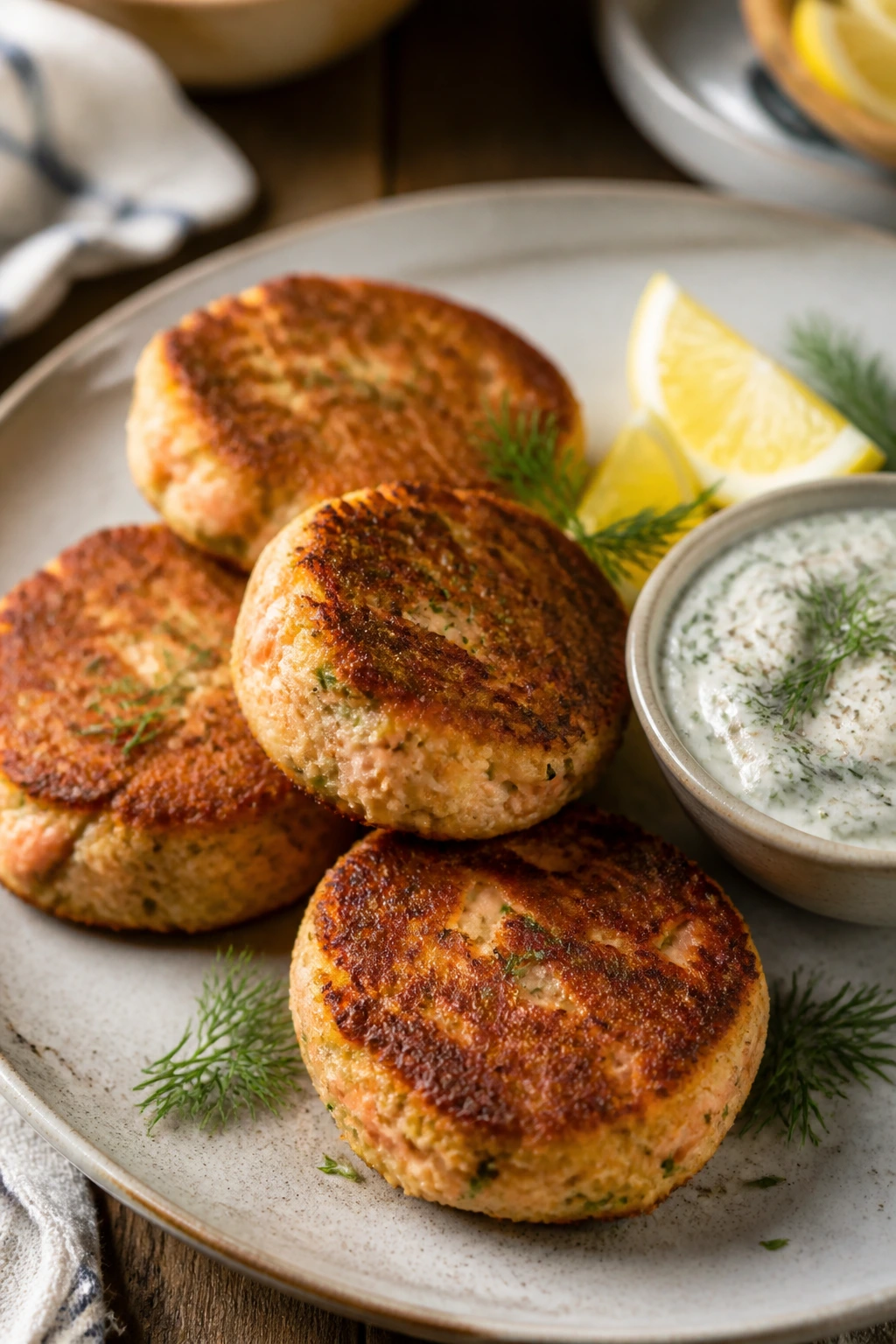 Crispy salmon cakes with yogurt dill sauce on a plate