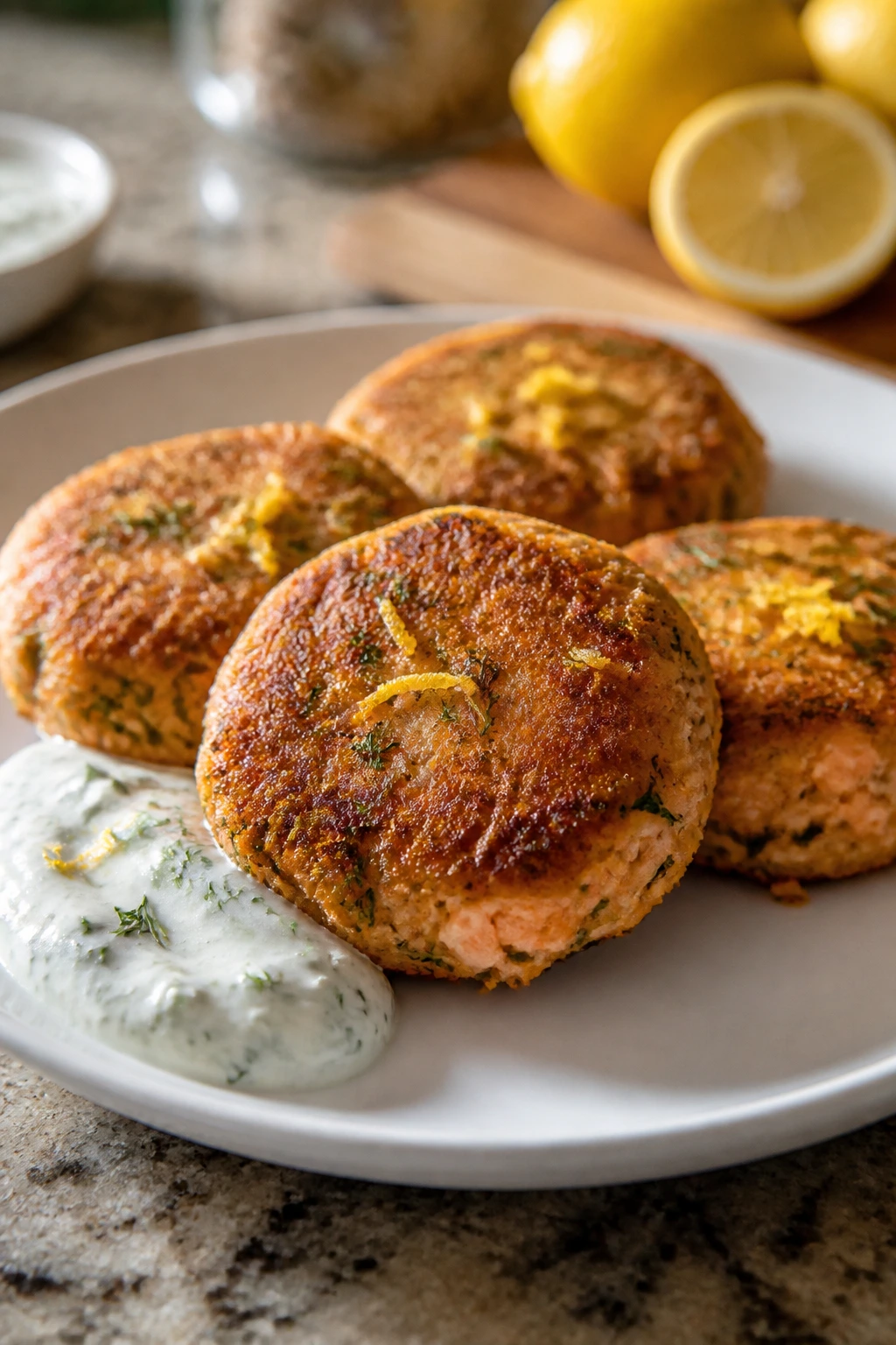 Crispy salmon cakes with dill sauce on plate